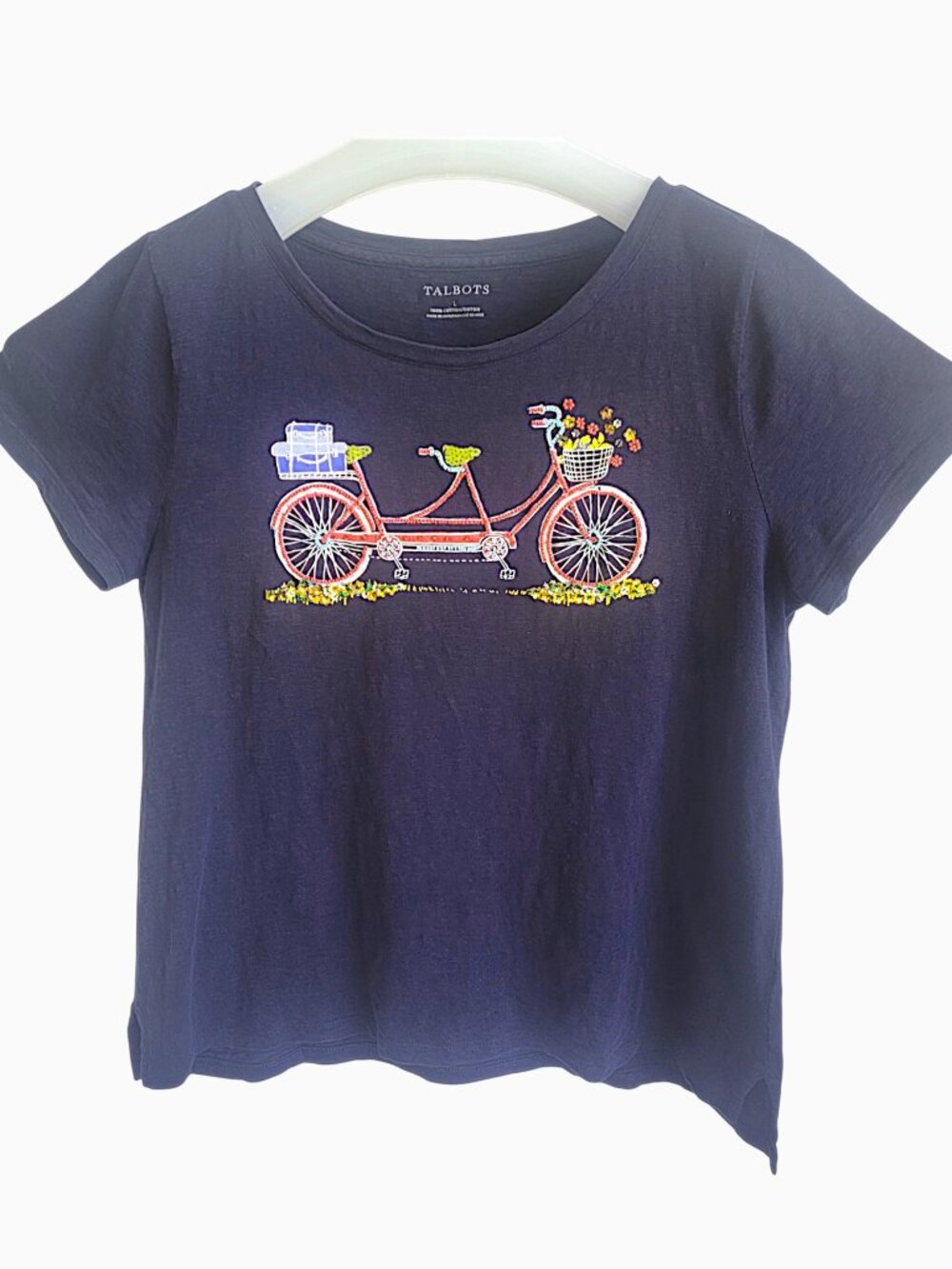 Talbots Navy Embellished Tandem Bicycle Graphic Tee L Beaded Sequin Cotton